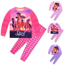 Kids Spirit Riding Free Costume Cartoon Pyjama Baby Girls Long Sleeve T Shirt Pants 2pcs Sets Boys and Girls Casual Sleepwear