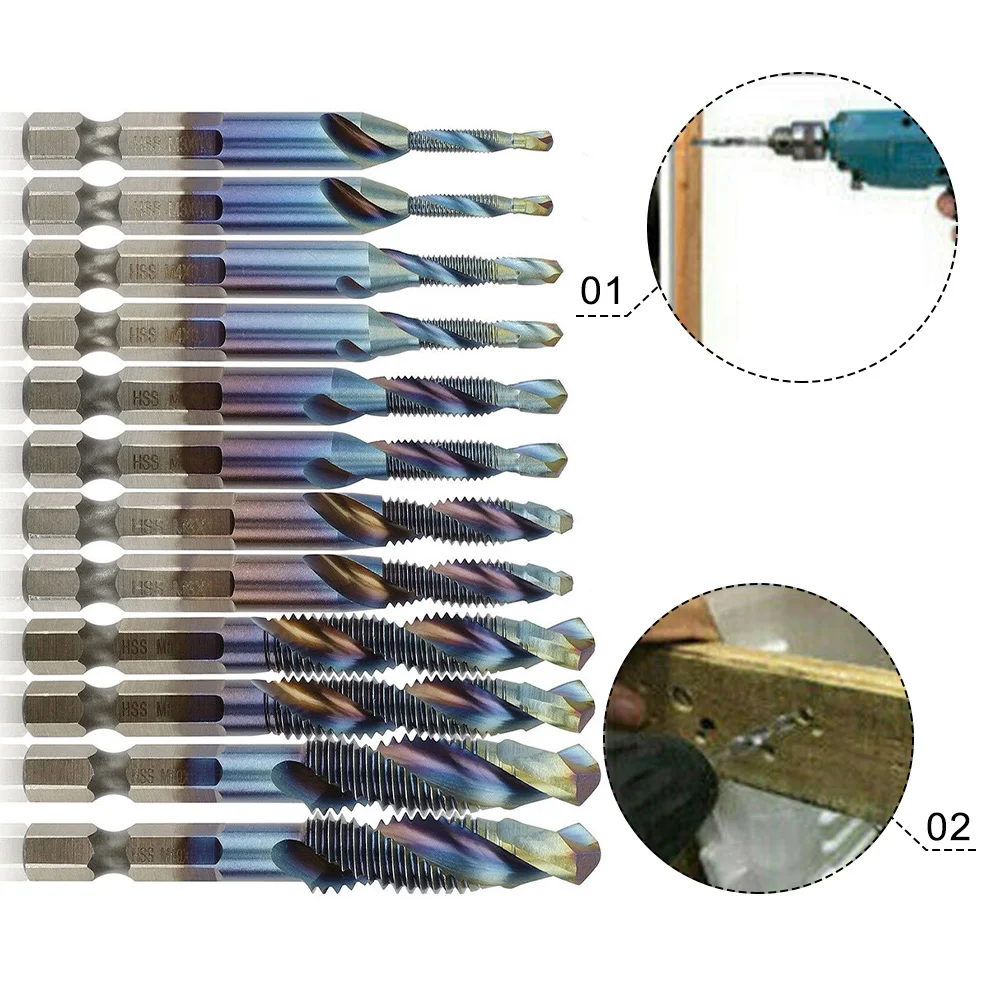 12 Stücke HSS 1/4 "Sechskantschaft Titanbeschichtetes Gewinde Metrisches Gewindebohrer-bohrer-set M5 M6 M8 M10 Kombinationsbit Handwerkzeuge – Detail 9