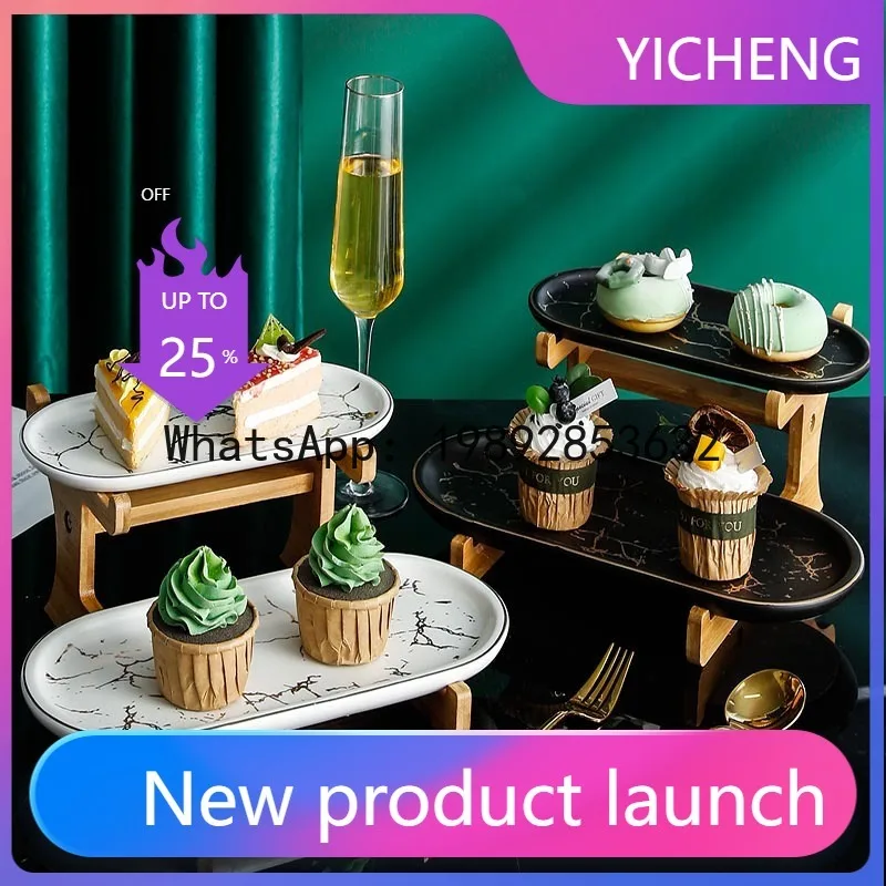 

WD pattern ceramic dim sum plate, dessert shop afternoon tea double wooden rack pastry plate fruit dessert plate
