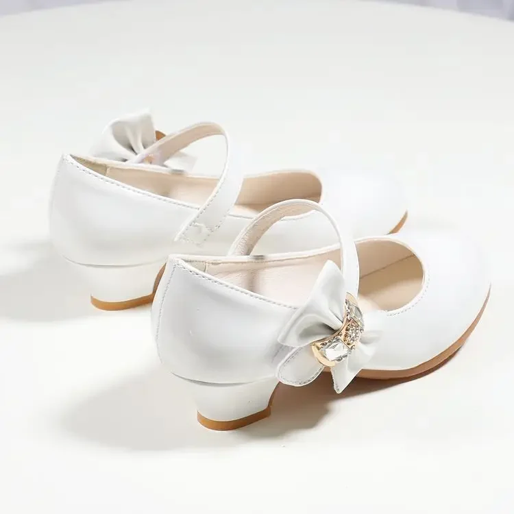 Girls High Heels 2025 New Children's Crystal Wedding Party Leather Shoes Fashion Princess Diamond Bow Kids Performance Footwear