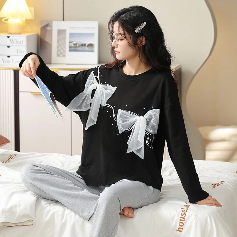 

2025 Autumn Long Sleeve 100% Cotton Pajama Sets for Women Korean Cute Bow Sleepwear Pyjama Homewear Pijama Mujer Home Clothes