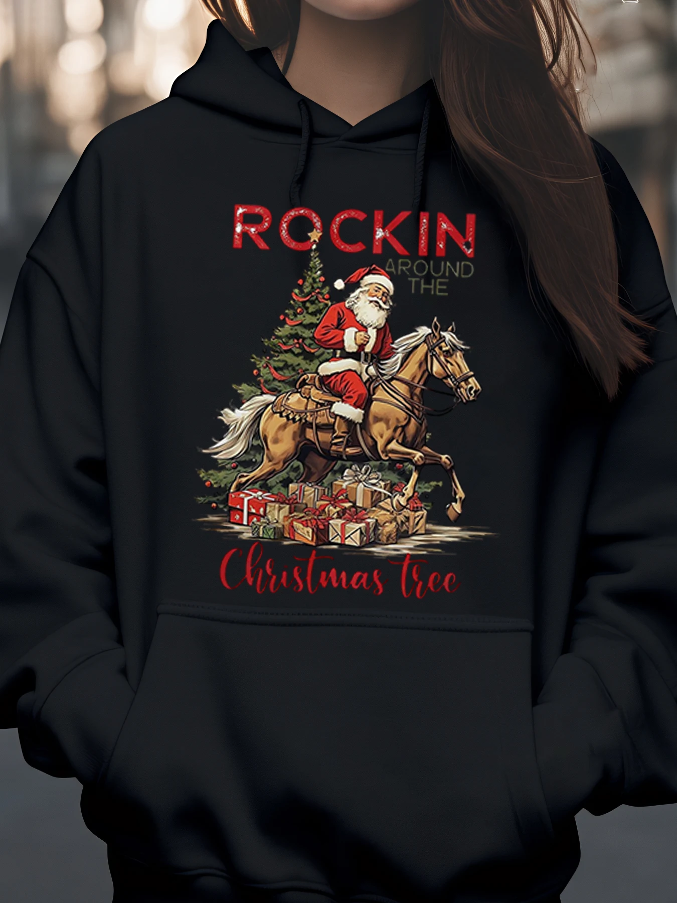 Santa Riding Horse Christmas Tree Print Hoodie Holiday Party Wear Women Men