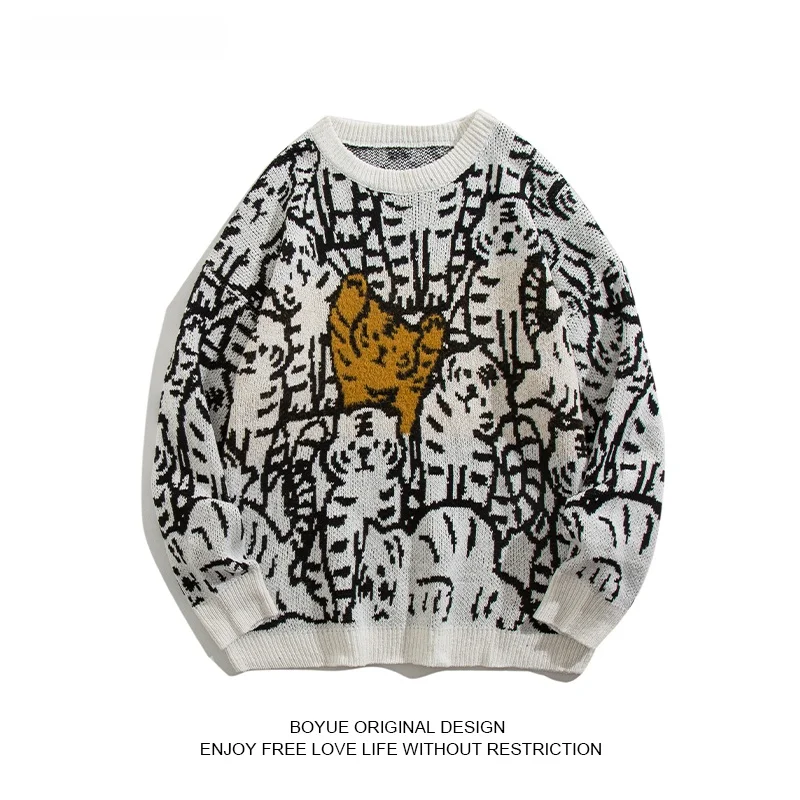 

BOYUE Autumn Winter Tiger Embroidery Knitwear Men's Faion Hong Kong Sle Long Sve round Ne Loose Fit Casual Sweater