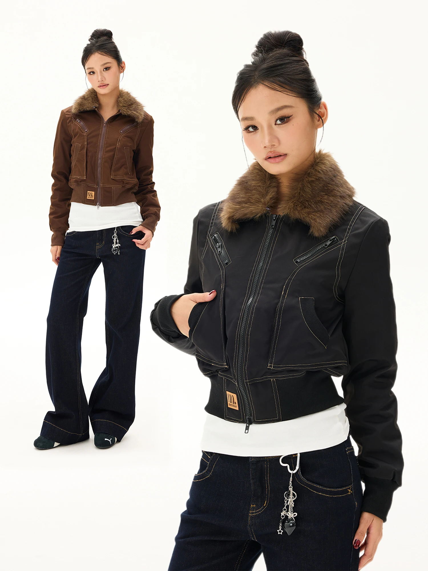 

Free Sonata American Retro Sle Women's Slim Fit Cotton Jaet with Fur Collar Contrast Stitching ort Coat for Ladies
