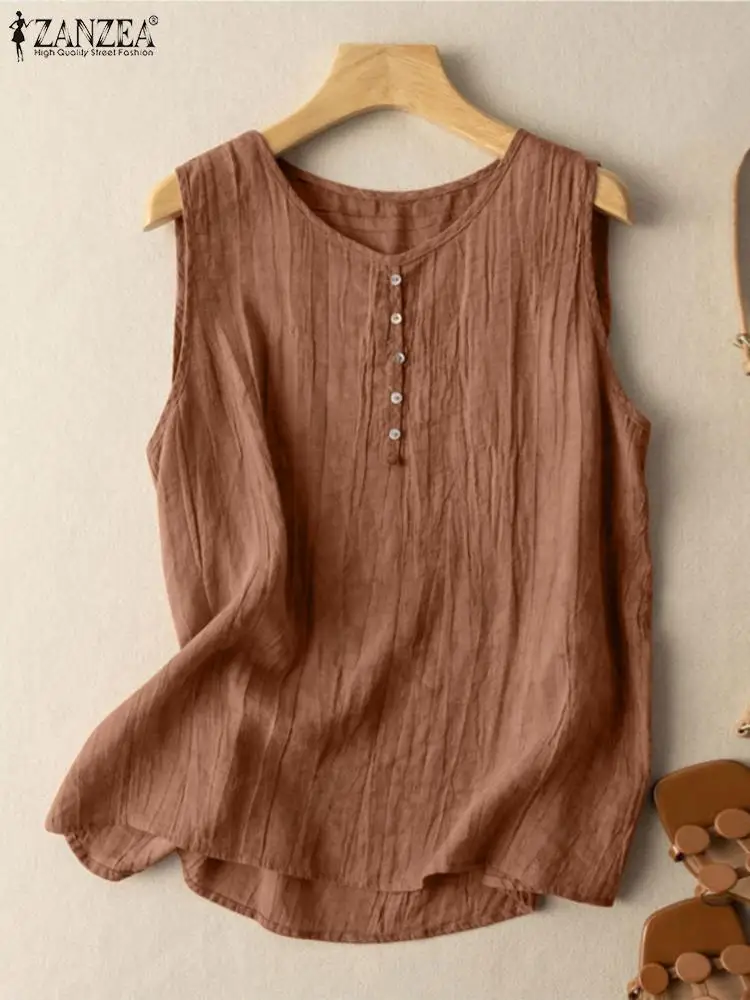 2024 ZANZEA Vintage Summer O Neck Sleeveless Blouse Women Tanks Tops Casual Loose Beach Blusas Solid Holiday Tunic Work Shirt