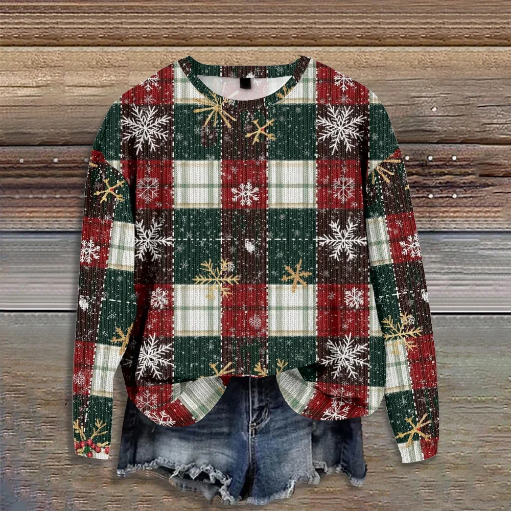 Christmas Snowflake Plaid Sweatshirt Women Crew Neck Hoodie Holiday Gift Casual Pullovers Couple Winter Hip Hop Streetwear