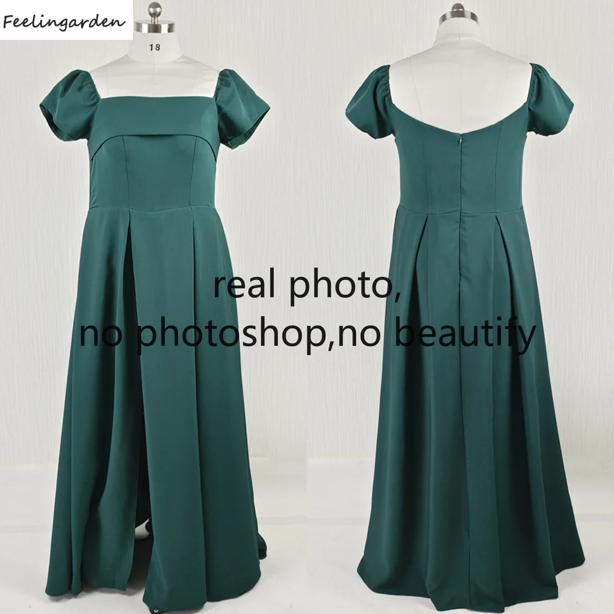 Feelingarden Customized Real Photo Evening Dress Green Square Collar Short Sleeves A-line Floor Length Slit Party Formal Gowns