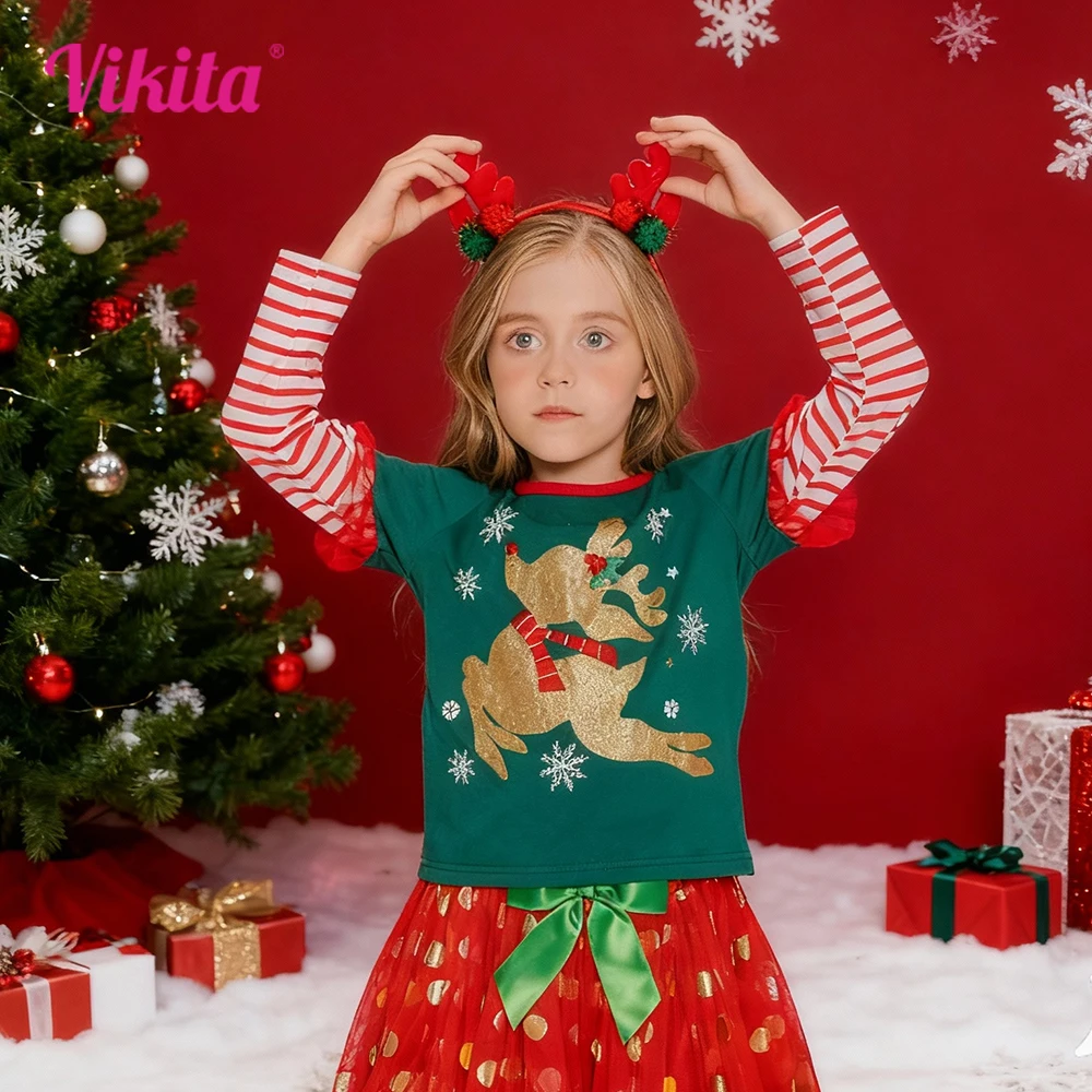 Grüne Weihnachtsoberteile für Mädchen mit Rüschenärmeln, Rentier-Schneeflocken-Druck für Kinder, weiche Baumwolle, Urlaub, Party, Weihnachten, Festival, T-Shirts, Geschenk