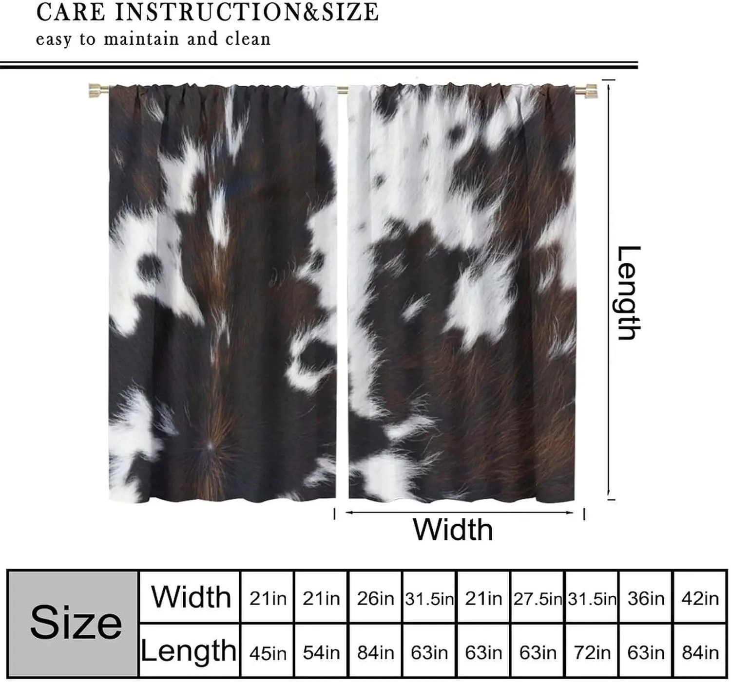Cowhide Animal Curtains, Vintage Texas Country Western Ranch Wildlife Cow Fur Print Window Drapes for Bedroom and Living Room