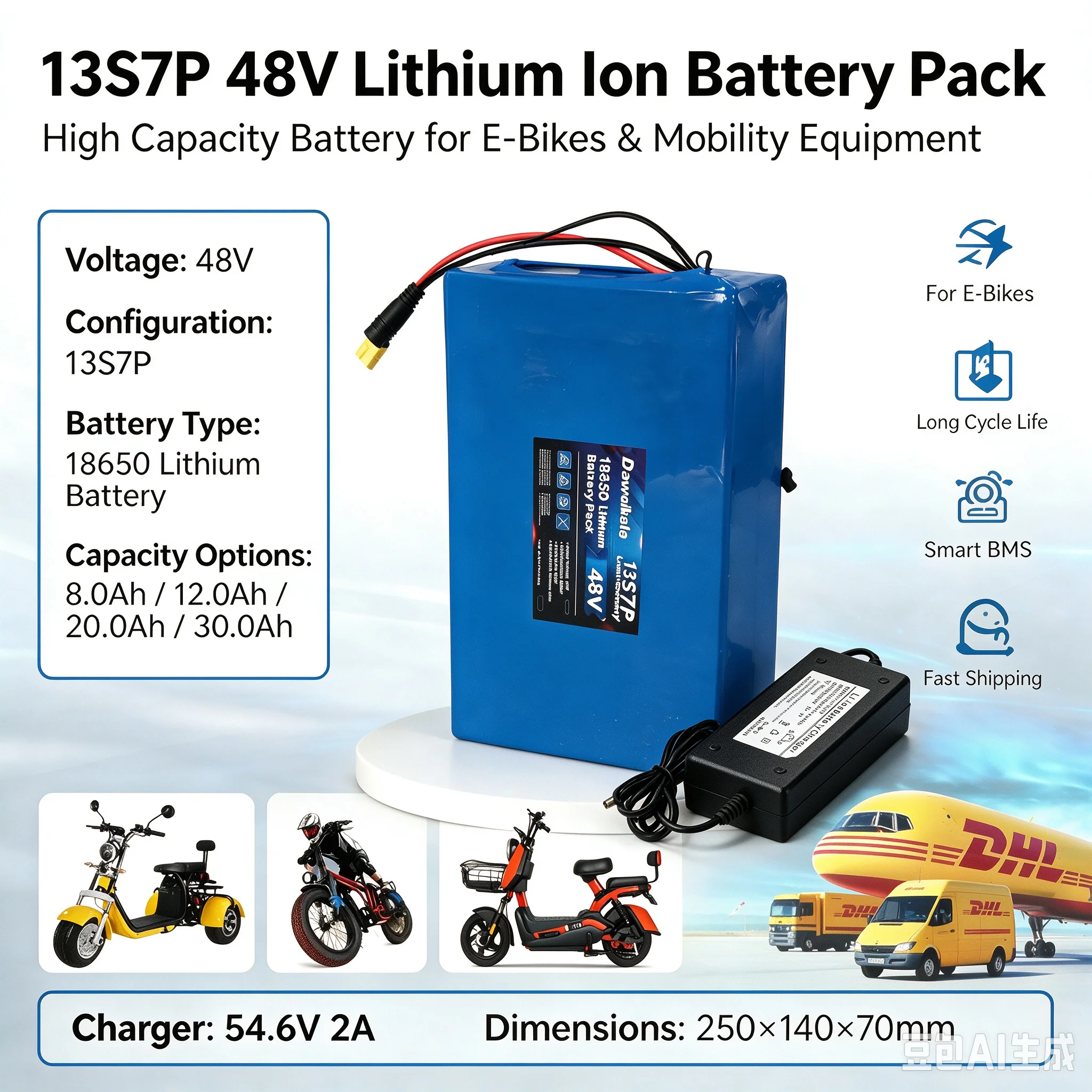 48V 13S7P Lithium-Akkupack Daweikala 18650 Wiederaufladbarer Akku, Mehrfach-Sicherheitsschutz, optional 8Ah/12Ah/20Ah/30Ah, mit 54,6V 2A Ladegerät