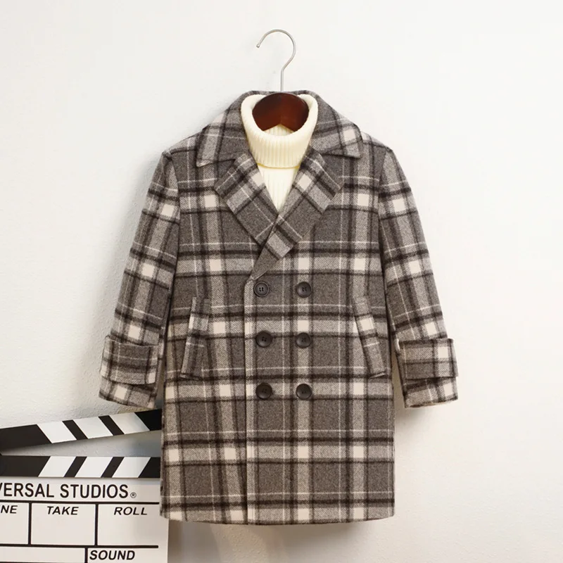 Boys Plaid Woolen Blends Coats for Autumn Winter New Fashion Plus Cotton Warm Turn Collar Long Outerwear Teen Children Clothes