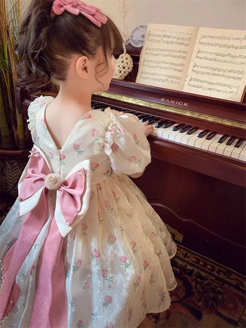 Girls Floral Roses Princess Dress Lace Tiered Bow Back Pearl Accented Kids Party Birthday Celebration Gown Ball 2-10 Years