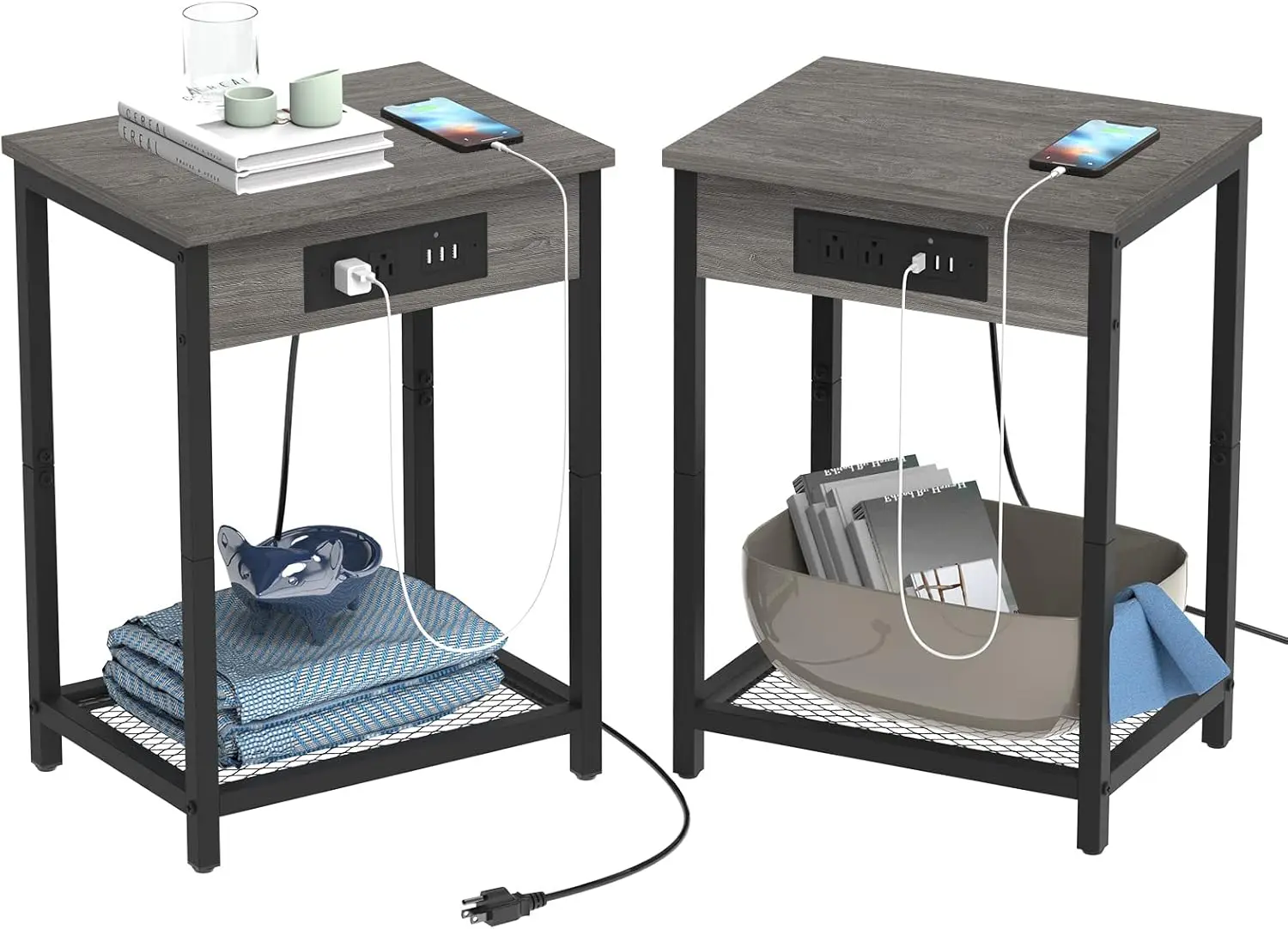 

Nightstand with Charging Station Bedroom End Table Set of 2 Modern Side Table with USB Ports and outlets 2-Tier Dark Grey