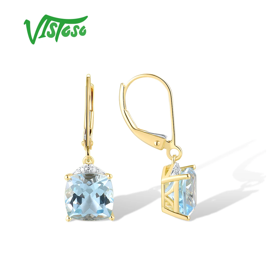 VISTOSO Authentic 14K 585 Yellow Gold Hook Earrings For Women Sparkling Diamond Sky Blue Topaz Elegant Party Gifts Fine Jewelry