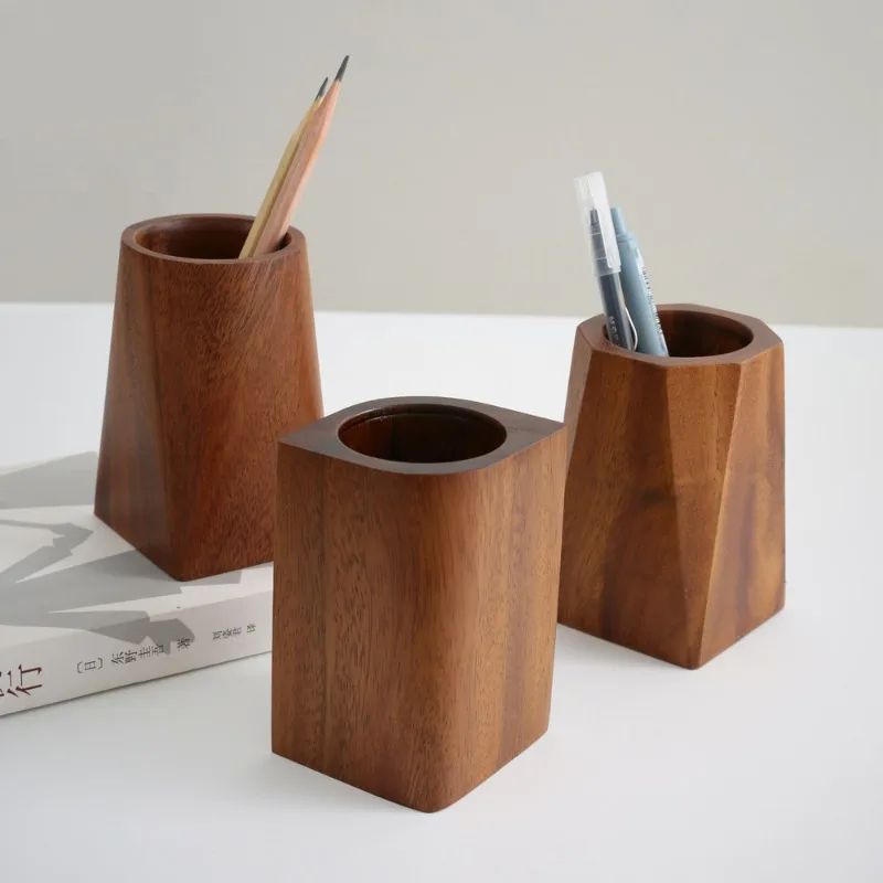 

Walnut Pencil Holder Retro Wood Pen Organizer Modern Simple Minimalist Desktop Storage Box Office Desk Accessories for Study