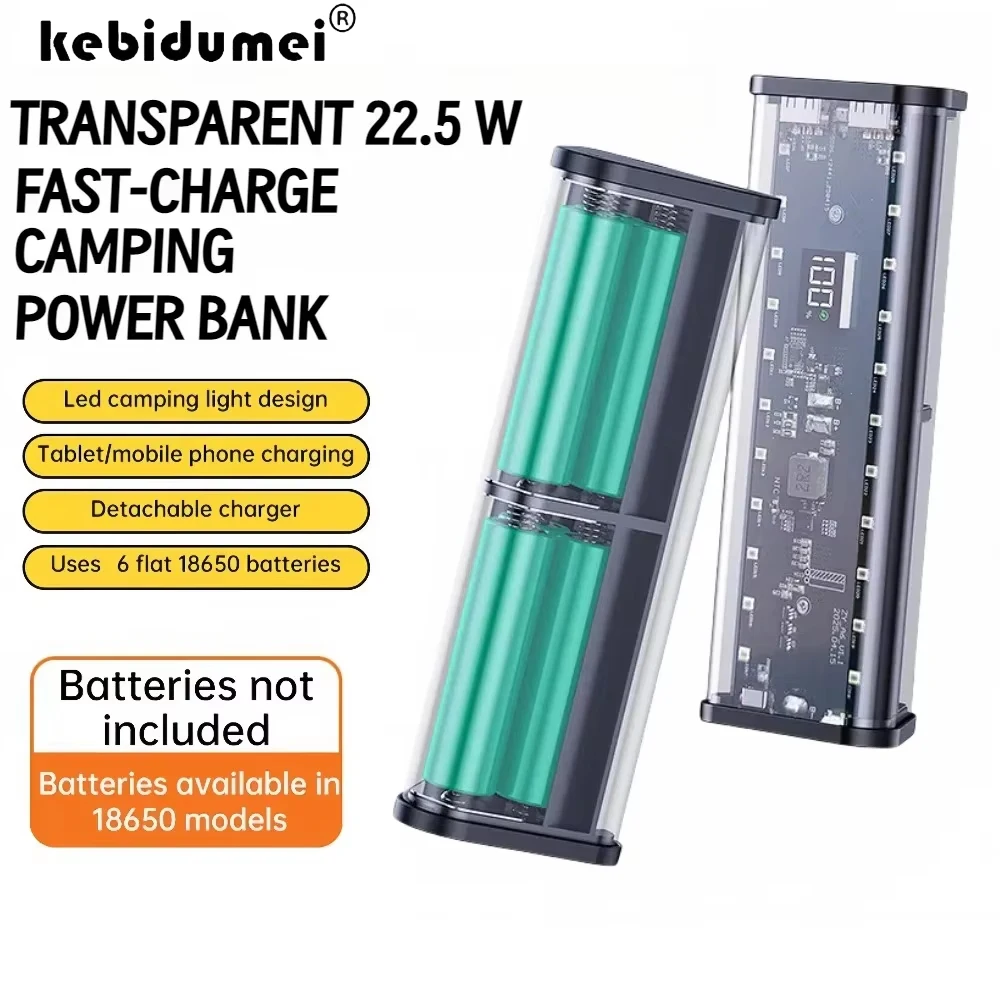 KEBIDUMEI 6*18650 Transparent Power Bank Case 22.5W Fast Charging Powerbank Case LED USB Type C Port Battery Storage Box