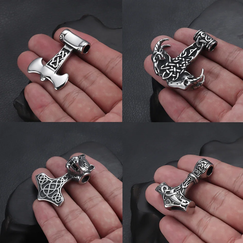 Stainless Steel Viking Thor Hammer Pendant Hole 5mm for Necklace DIY Accessories Findings Jewelry Making Men Charm Supplies