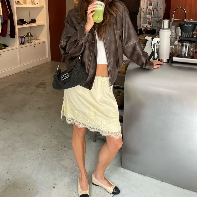 2025 nouvelle mode taille haute jupes décontractées Vintage dentelle Patchwork Satin Mini jupe femmes ample sortie femme jupe Streetwear