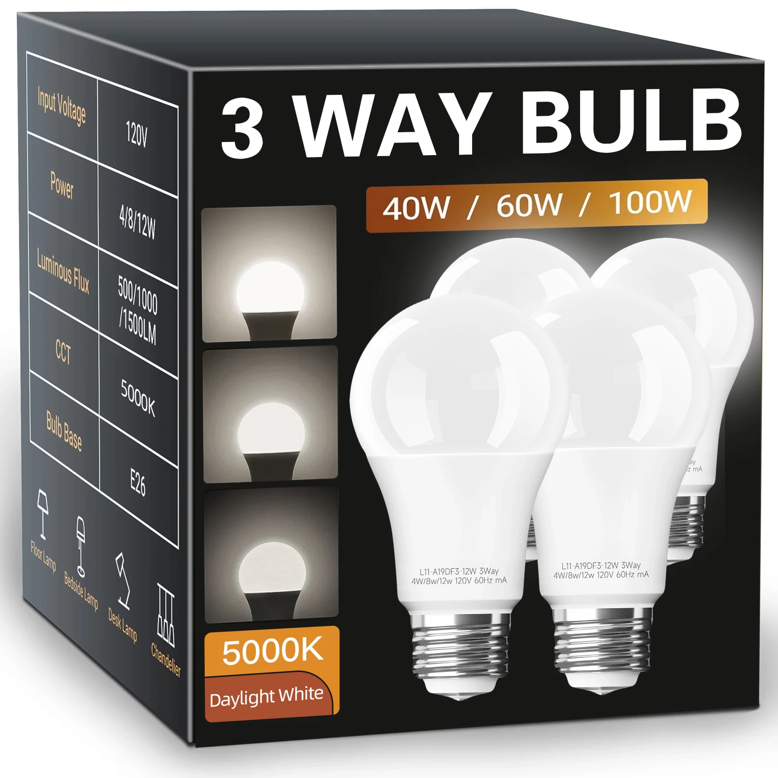 4 Pack 3-Way A19 PC Plastic LED Light Bulbs, 2700K Soft Warm White/ 5000K Daylight Cool White ，3-Gear Brightness Adjusted by Ordinary Switch, 12w, 1500LM CRI80+, Flicker-Free E26 Medium Base Bulbs for Household Indoor Living & Bedroom Lighting