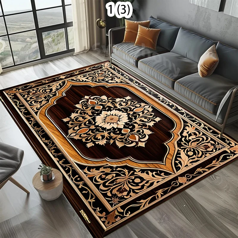 Retro Greek Key 2D Wood Inlay Area Rug Gold Floral Print NonSlip Floor Mat for Living Room Bedroom Luxury Home Decor