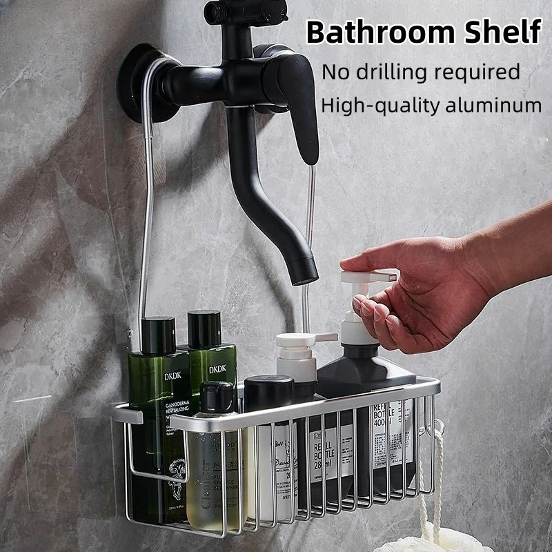 

No Drill Bathroom Shelf Aluminium Holder Shower Hanging Basket Shampoo Shower Gel Storage Rack Home Items Bathroom Organization