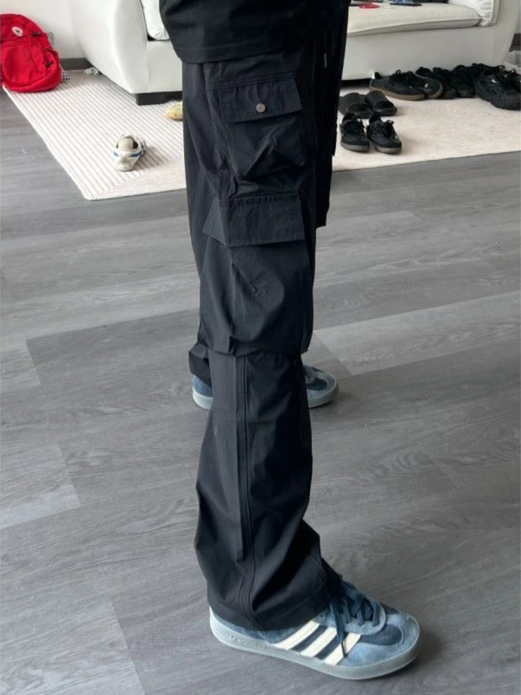 Mens 2026 New Straight Leg Work Pants Multi Pocket Drawstring Outdoor Hiking Trousers Japanese High Street Casual Long Pants