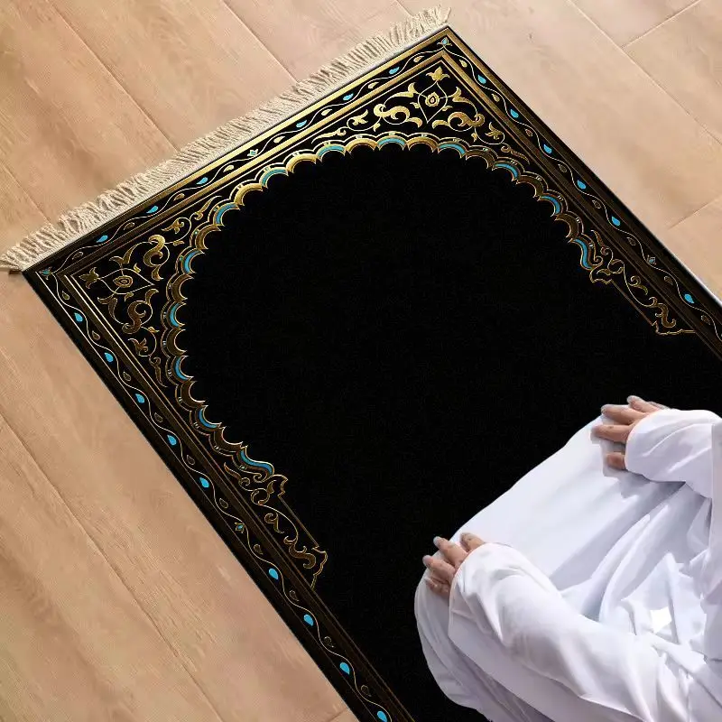 VIKAMA Velvet Islamic Salat Mat Simple Black Gold Blue Floral Mihrab Pattern Portable Anti Slip Prayer Rug Eid Gift