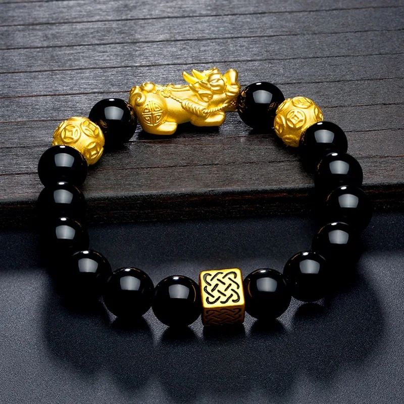 24K Gold Obsidian Money Pixiu Bracelet 999 Real Money Beads Pixiu Mens Bracelet Womens Bracelet Prosperous Wealth