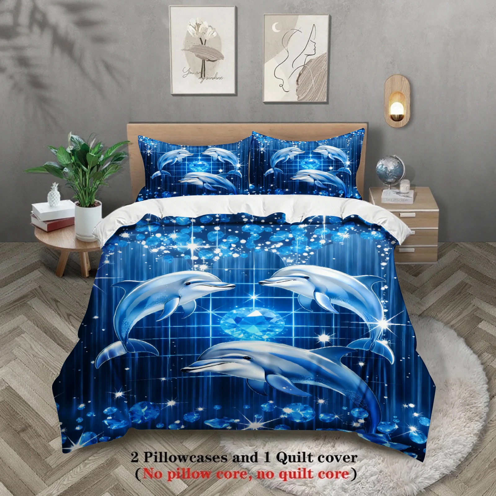 Dolphin Print Bedding Set Blue Ocean Dolphin Pattern Bedding With Duvet Cover & Pillowcases For Bedroom