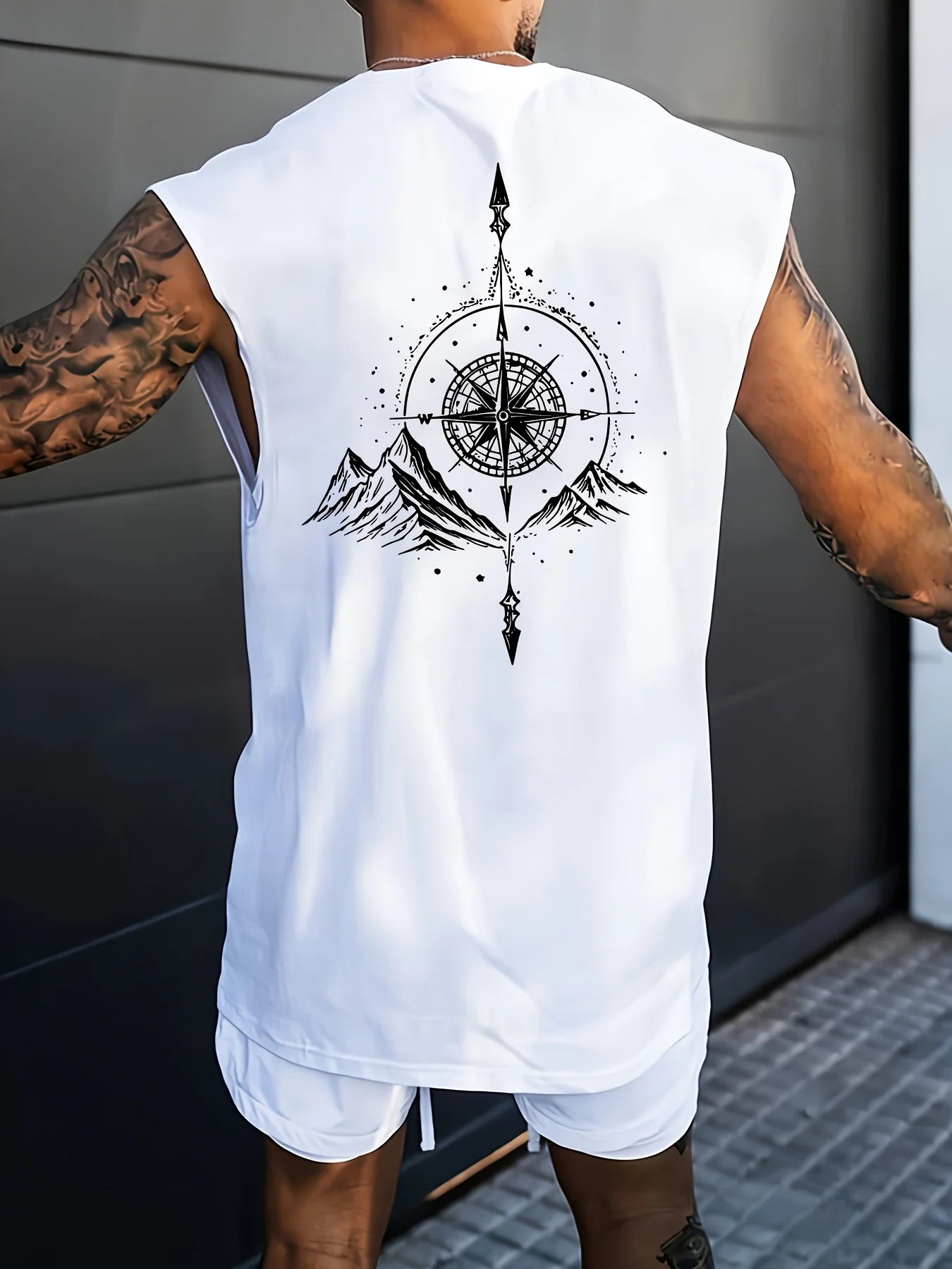100% Pure Cotton Summer Men's Fashionable Casual Loose American Trend Mountain Peak and Compass Design Printed Sleeveless Vest