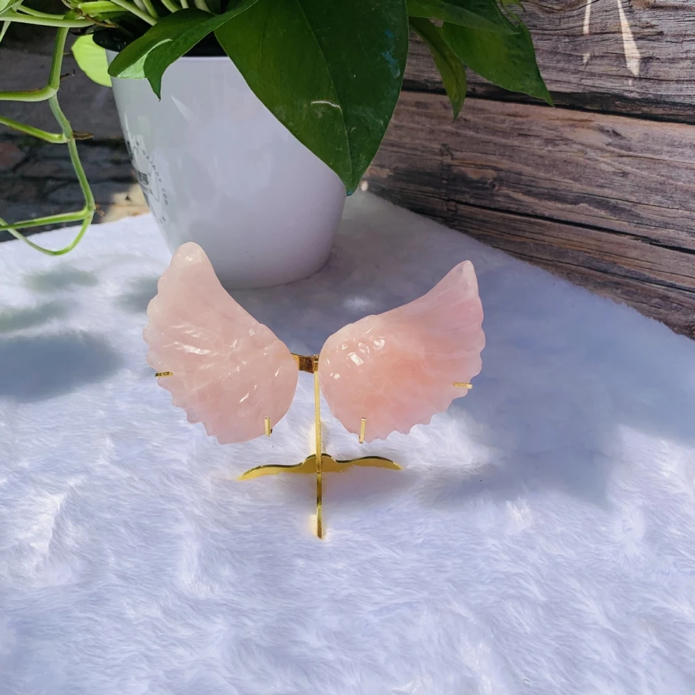 Natural Rose Quartz Crystal Wings, Carving Flying Handicrafts for Girl, Birthday Present Decorations, Contains the Bracket, 1Pc