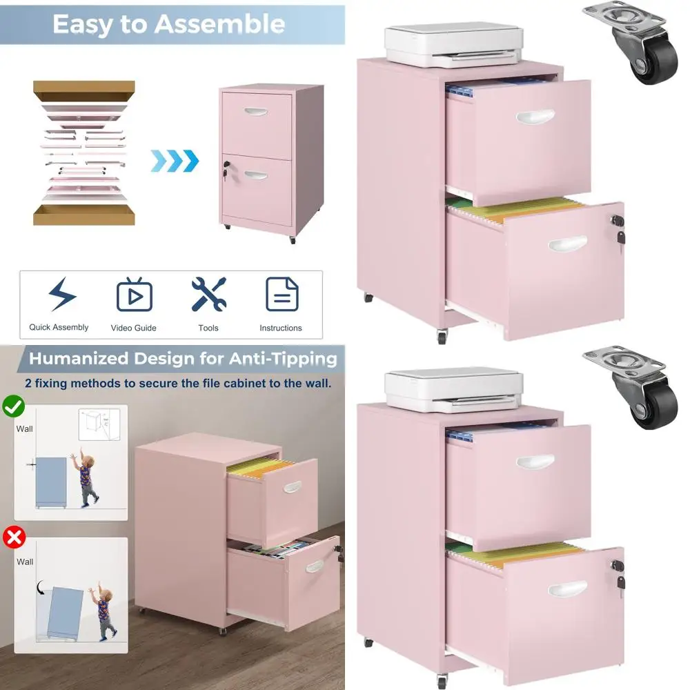 

Portable Pink Metal File Cabinet with Lock and Wheels for Home Office, Holds Letters and File Boxes, Assembly Required
