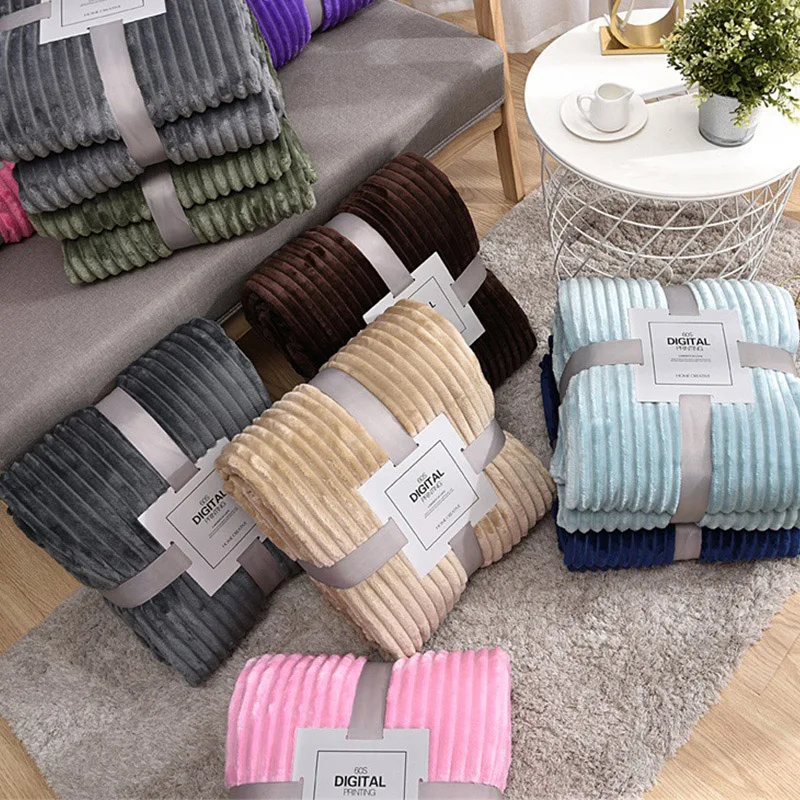 Solid Color Thickened Wide Striped Blanket Soft Warm Fleece Pet Blanket Home Office Sofa Bedding Sheet Cover Flannel Throw Rug