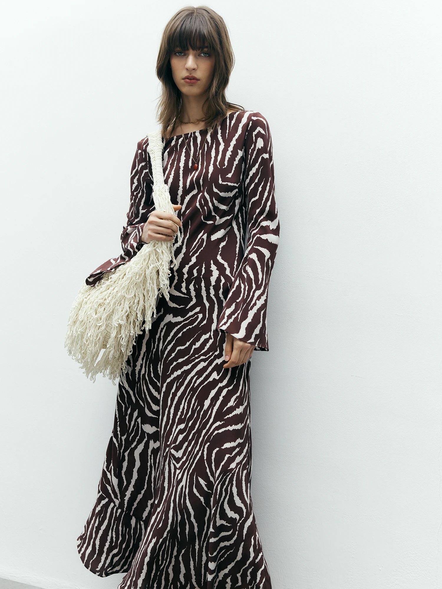 Chyan Holiday Sle Bell Sve Lange Zijde Dr Zebraprint Vloerlengte Echte Zijde Lange Dr ronde Neline l Taille