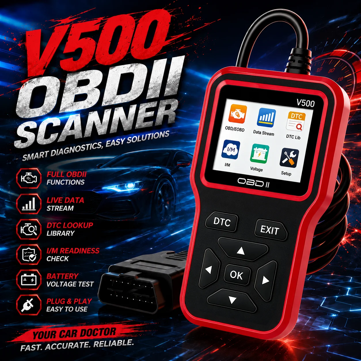 V500 Obd2 Scanner Diagnostic Tool Car Engine Code Reader Check Engine Light Reset Battery Voltage Tester for All Obdii Cars