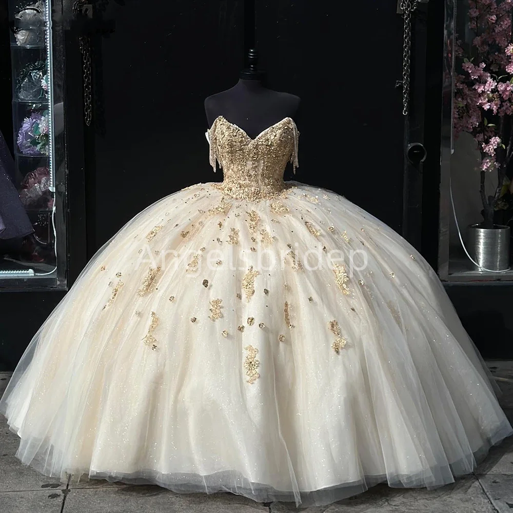 Angelsbride Light Champagne Tassel Crystal Beading Ball Gown Quinceanera Dresses Off Shoulder Vestidos De 15 Años