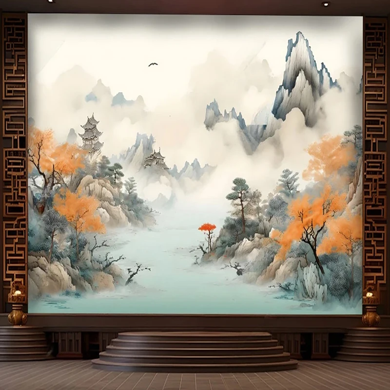 

Custom Mural Wallpaper New Chinese ink landscape Background Wall Painting Restaurant Cafe Living Room Sofa Decor Papel De Parede