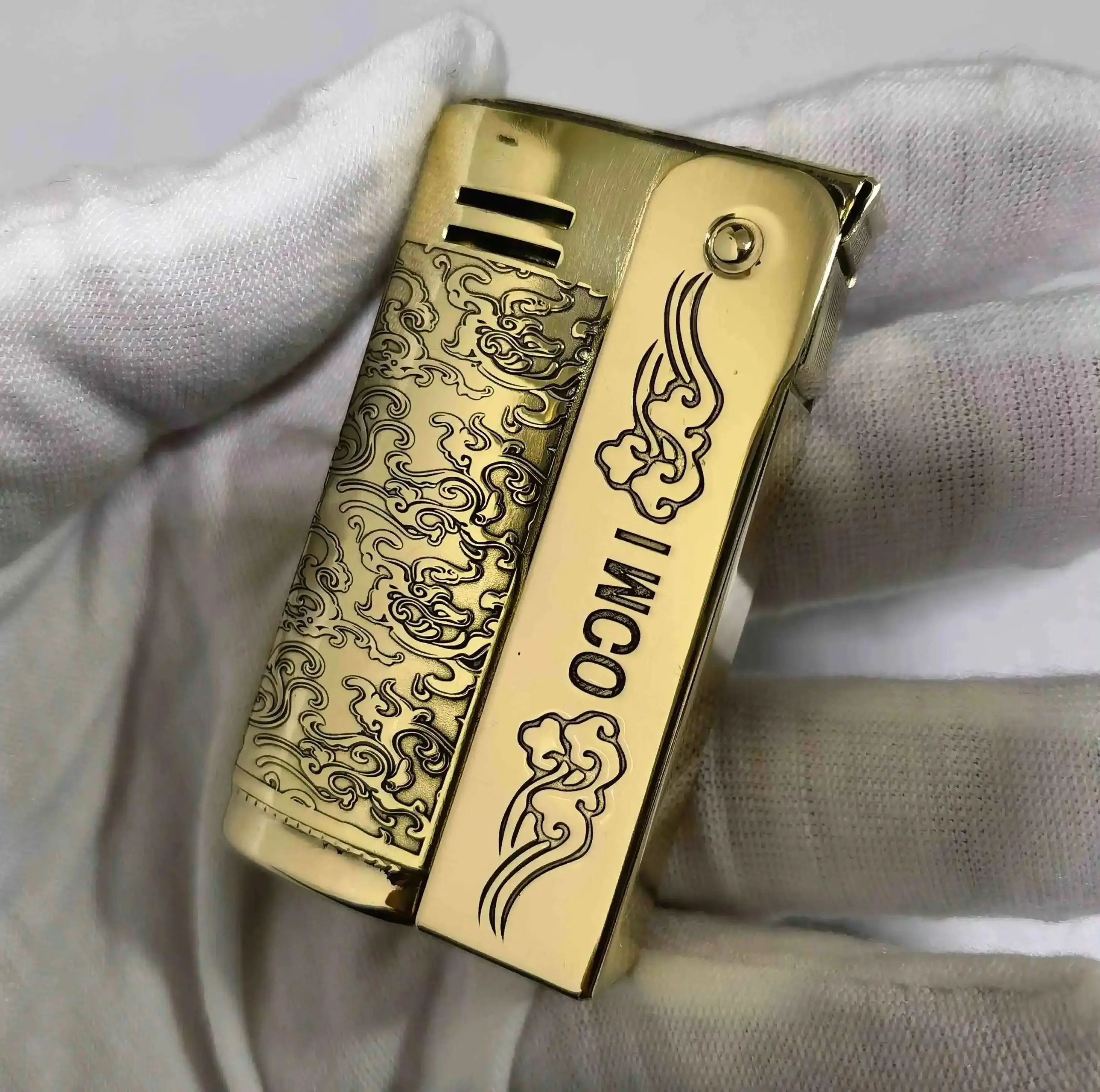 Vintage Austrian Imco Gasoline Lighter 6800 6600 Brass Kerosene Lighter Double-Sided Carved Tang Grass Flower Men\'S Gift