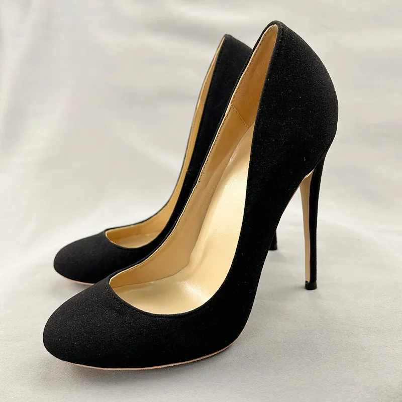 Veowalk 10cm 12cm Black Suede Women Elegant Essential Round Toe Stiletto Pumps Customizable Slip On High Heel Shoes Size 33-46