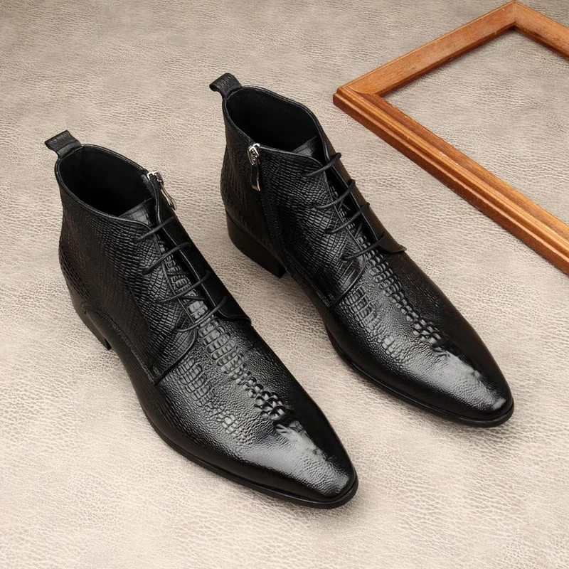 Luxury Mens Genuine Leather Boots Crocodile Pattern Handmade Quality 2025 Winter Warm Ankle Business Wedding Social Shoes Man