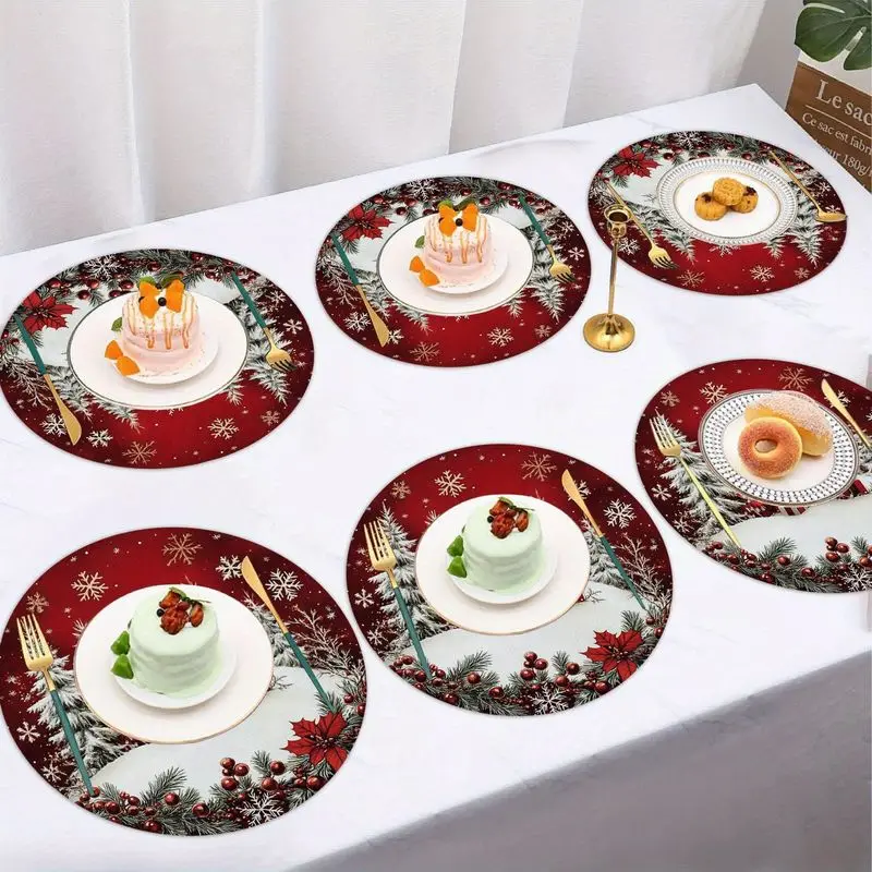 VIKAMA Crimson Winter Forest Tree Gift Placemat Red Backdrop Scalloped Edge White Pine Present Flake Berry Xmas Table Mat Funny