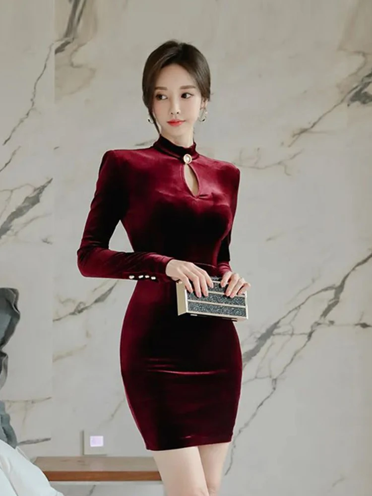 Vestidos cortos de Navidad Vintage de terciopelo coreano para mujer, ropa elegante, Sexy, de manga larga, minivestido ajustado, Vestidos de Año Nuevo