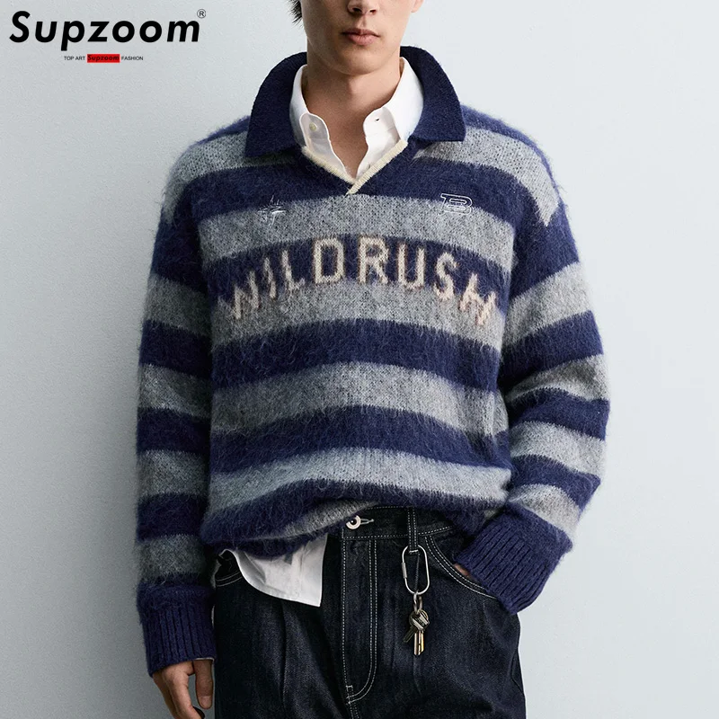 Supzoom 2025 New Arrival Top Fashion Turn-down Collar Stripe Jacquard Digital Pattern Regular Cotton Male Casual Sweater Men