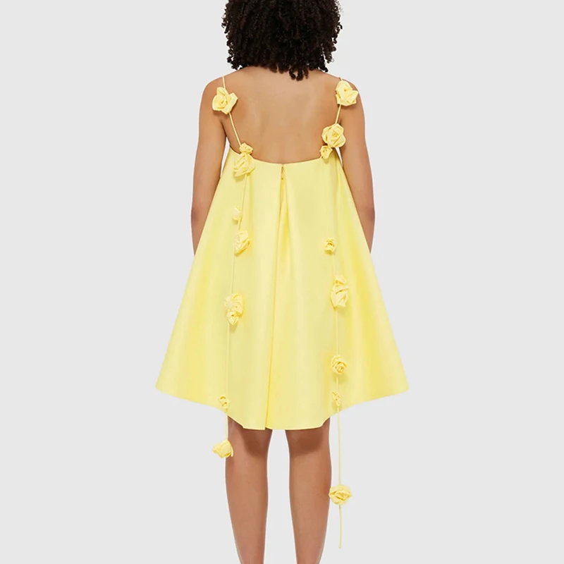 Summer Satin Thin Women\'s Party Dress Fashion Hollow Sleeveless Holiday Dresses Yellow Rose Flower Suspenders Mini Dress Vestido