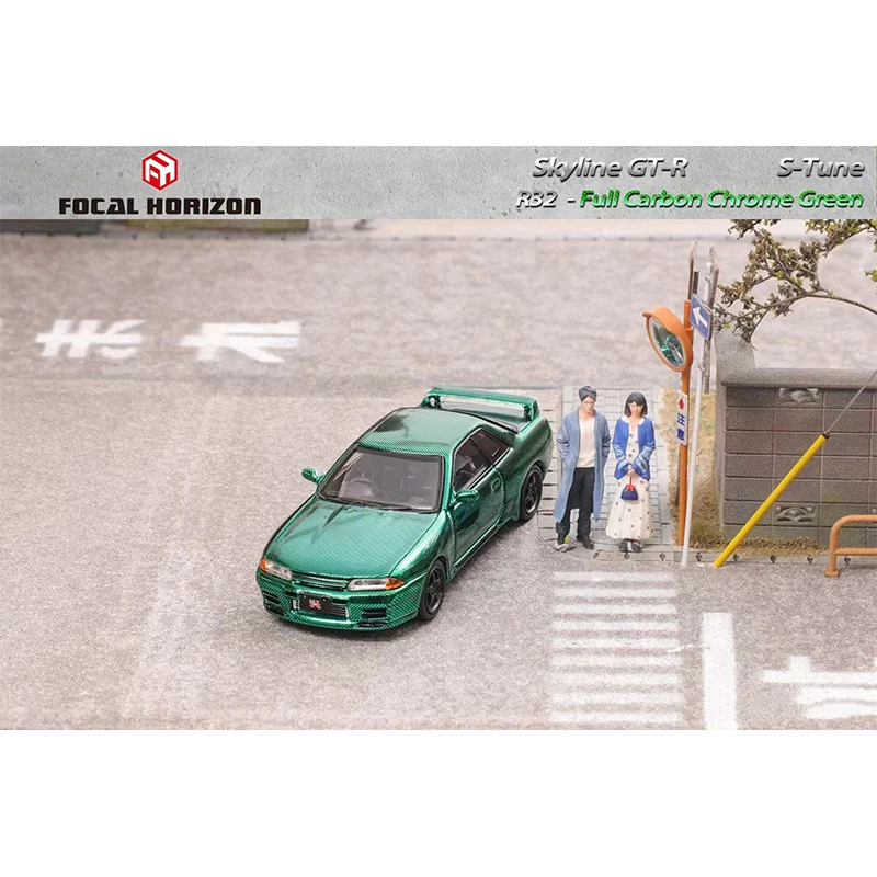 PreSale FH 1:64 Skyline GTR R32 S Tune Full Carbon Chrome Green Diecast Diorama Car Model Collection Miniature Toy Focal Horizon