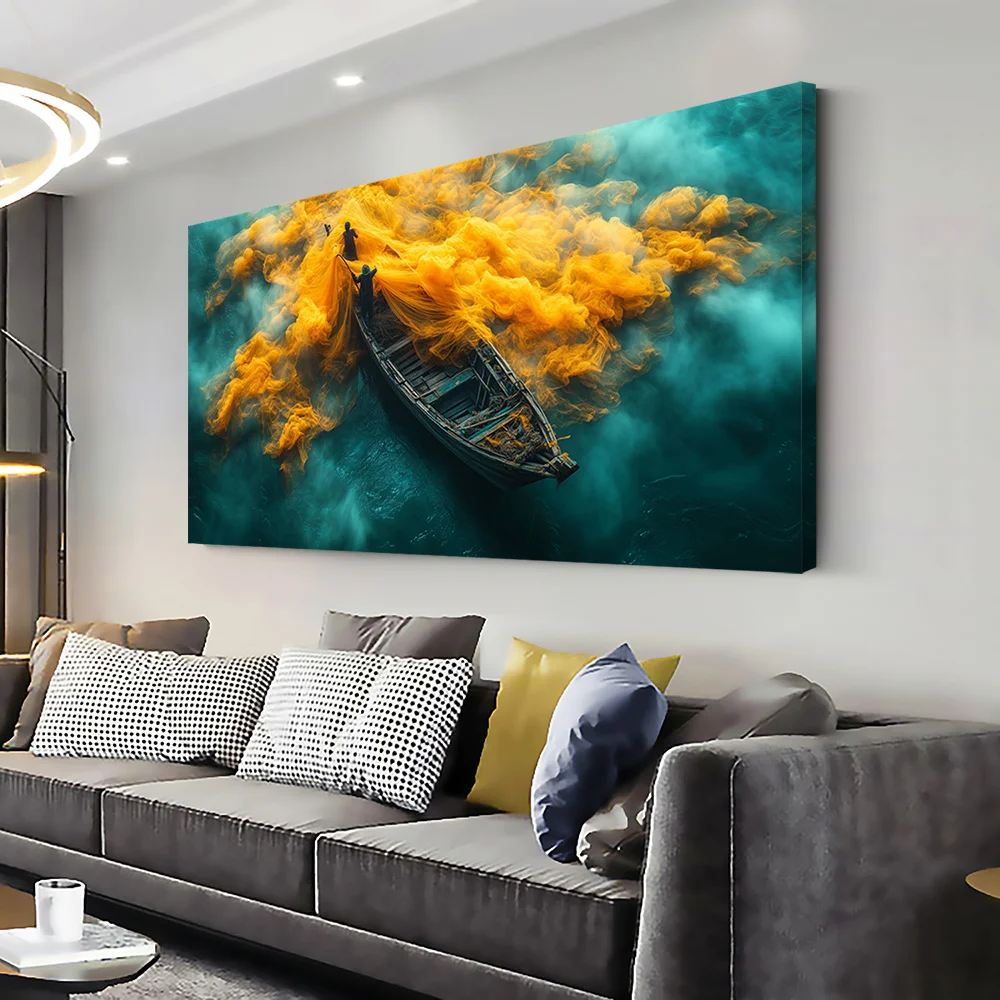 Large-sized frameless canvas paintings,Fishing on Boat Poster and Prints Modern Abstract Orange Teal Swirls Canvas Painting Wall