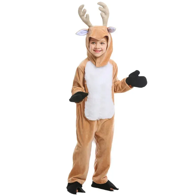 

Kids Christmas Party Reindeer Costume Brown Deer Plush Cartoon Animal Jumpsuit Pajamas Christmas Party Performance Costumes