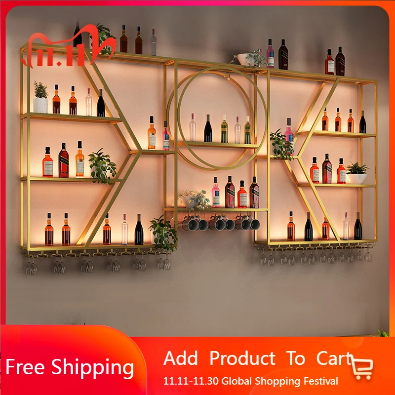 European Design Wine Cabinet Simple Minimalist Aesthetic Vintage Wine Cabinet Rustic Wall Lighted Metal Estante Bar Furniture