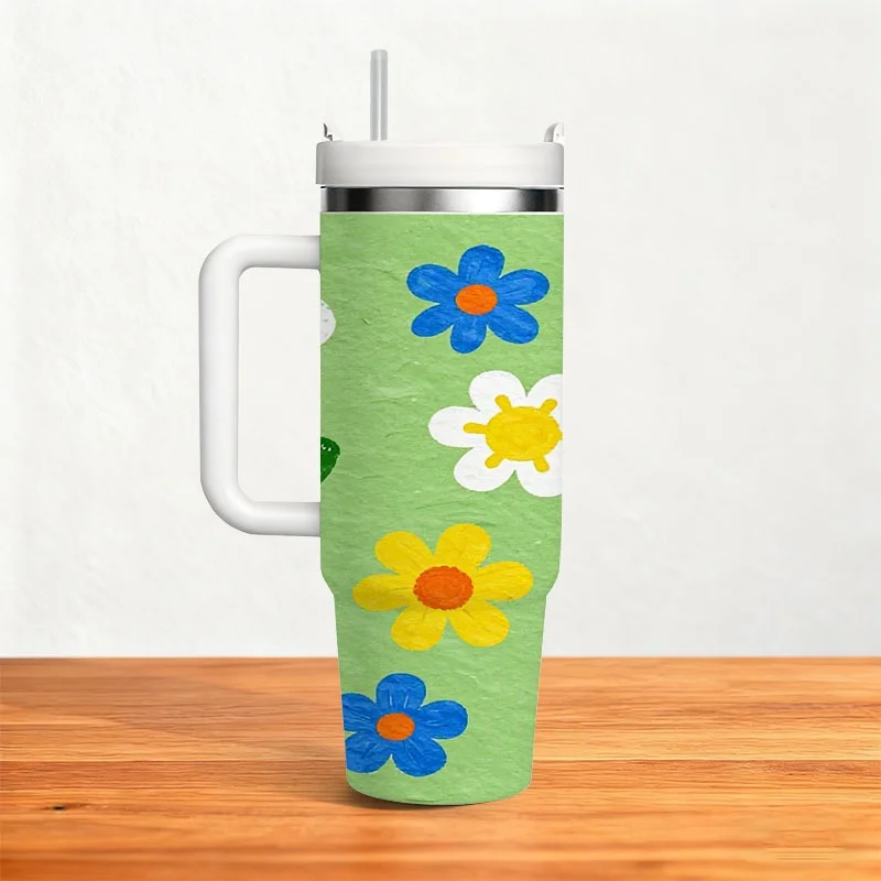 1pc Vibrant Cute Daisies & Colorful Blooms Digital Print 40oz Stainless Steel Insulated Tumbler, Double Wall Leakproof Travel Mug for Daily Drinks, Commutes & Outdoor Adventures