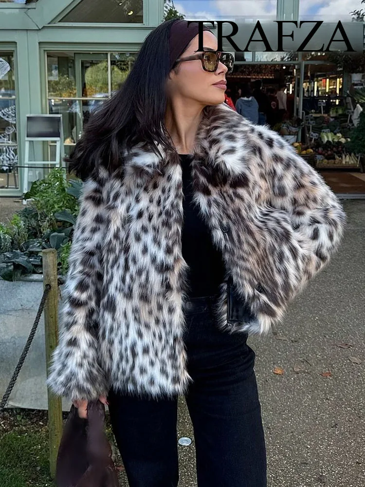 TRAFZA Women Winter Leopard Print Faux Fur Loose Slim Warm Coat Woman Elegant Lapel Long Sleeves Side Pockets Casual Coat Mujer